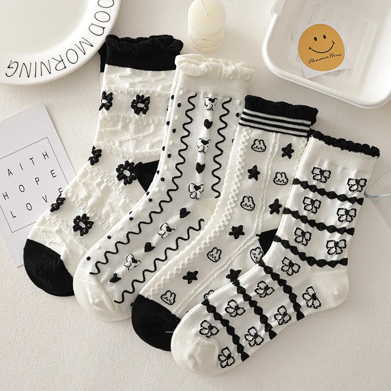 

Socks Women White Socks Female Lace Stockings Bowknot Flower Print Black White Cute Spring Autumn Ruffle Striped Girls Gift Sox