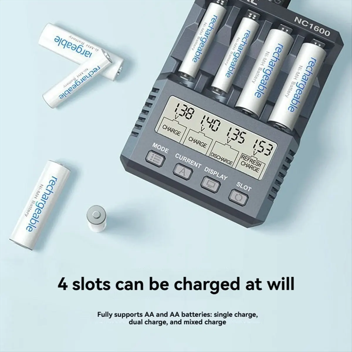 (선물 아이디어) NC1600 스마트 배터리 충전기 4슬롯 15W 3000mAh AA/AAA 배터리용 NiMH/NiCD 배터리 충전기용