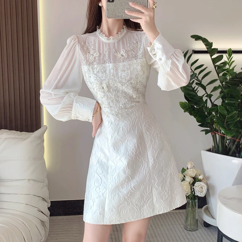 

2023 Luxury High Quality Chiffon Patchwork Jacquard Dresses For Women Summer New Beaded Embroidery Slim Short Whited Dress