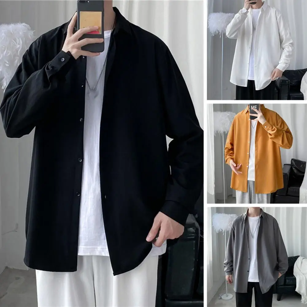 

Men Solid Color Shirt Lapel Collar Men Shirt Versatile Men's Lapel Long Sleeve Shirt Solid Color Loose Fit Single for Spring