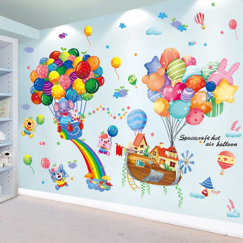 DIY arco-íris animais decalques, criativo balões de ar quente, barco adesivos, quartos das crianças, quarto do bebê, berçário, decoração home