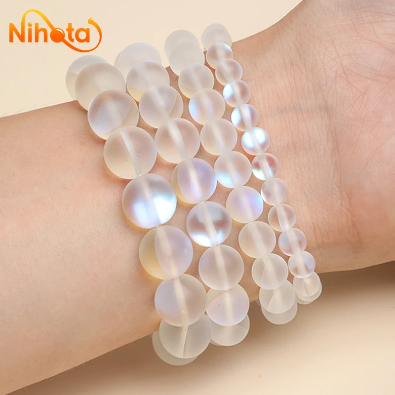 Pulseras de cristal austriaco con purpurina y Luna para mujer, brazaletes hechos a mano con cuentas de piedra redondas de alta calidad, color blanco mate, joyería