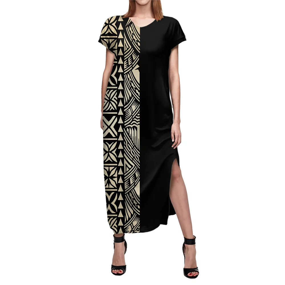 

Stylish Print Sexy Pokects Women Split Long Dress Polynesian Tribal Samoa Black Tapa Flower Design Female Short-Sleeved Dresses