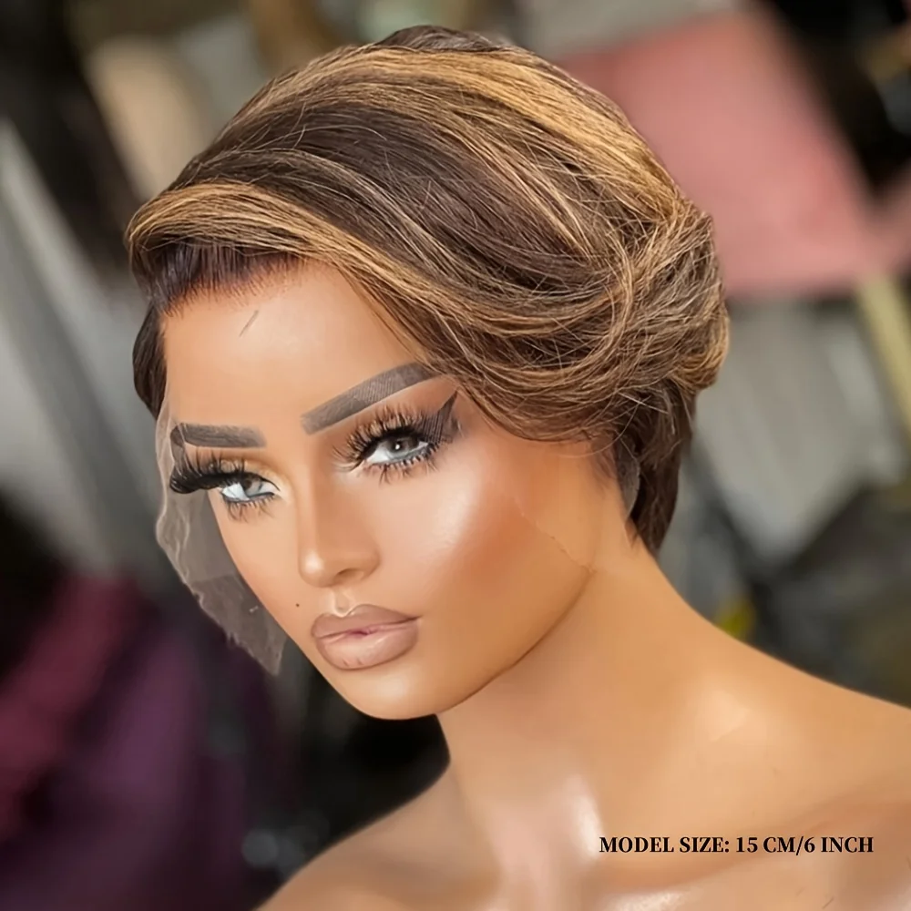 Human Hair Blonde Color 613 Short Wavy 13x4x1 Lace Front Wig Fashion Style Pixie Cut Natural Curly for Women 6inches