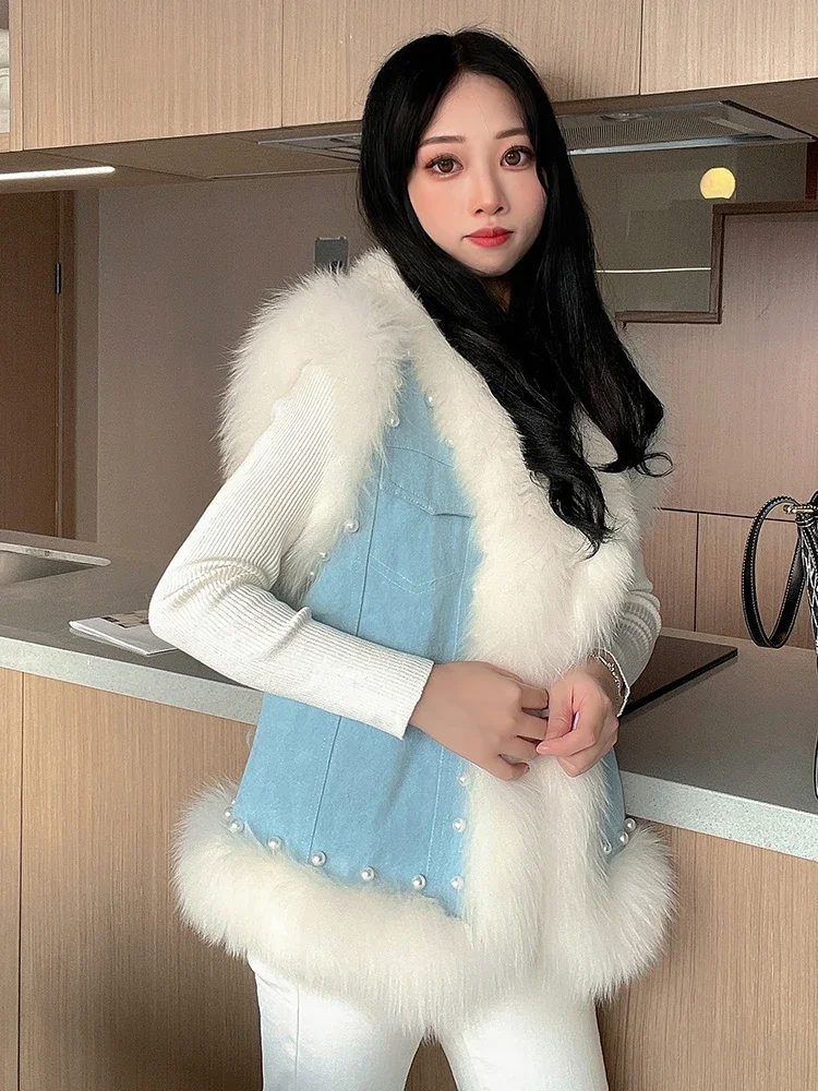 Autumn and Winter Fur Vest Female Young Short Beaded Coat 2023 Real Fox Raccoon Hair Fur Thick Warm Fluffy Jacket Womens Clothes