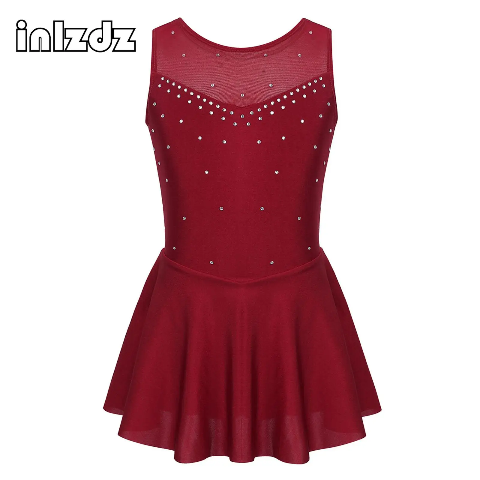 

Sparkly Rhinestone Figure Skating Dress Kids Girls Ballet Gymnastics Leotard Sleeveless Ballroom Contemporary Dance Costumes