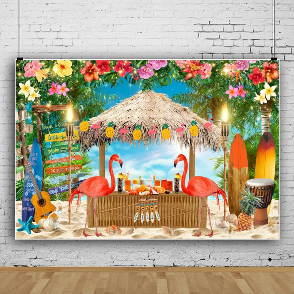thumbnail image 1 of Fondo de fotografía de verano con flores tropicales, Aloha, Luau, mar, tabla de surf, fiesta de vacaciones, cumpleaños, accesorios de decoración, 1 of 5