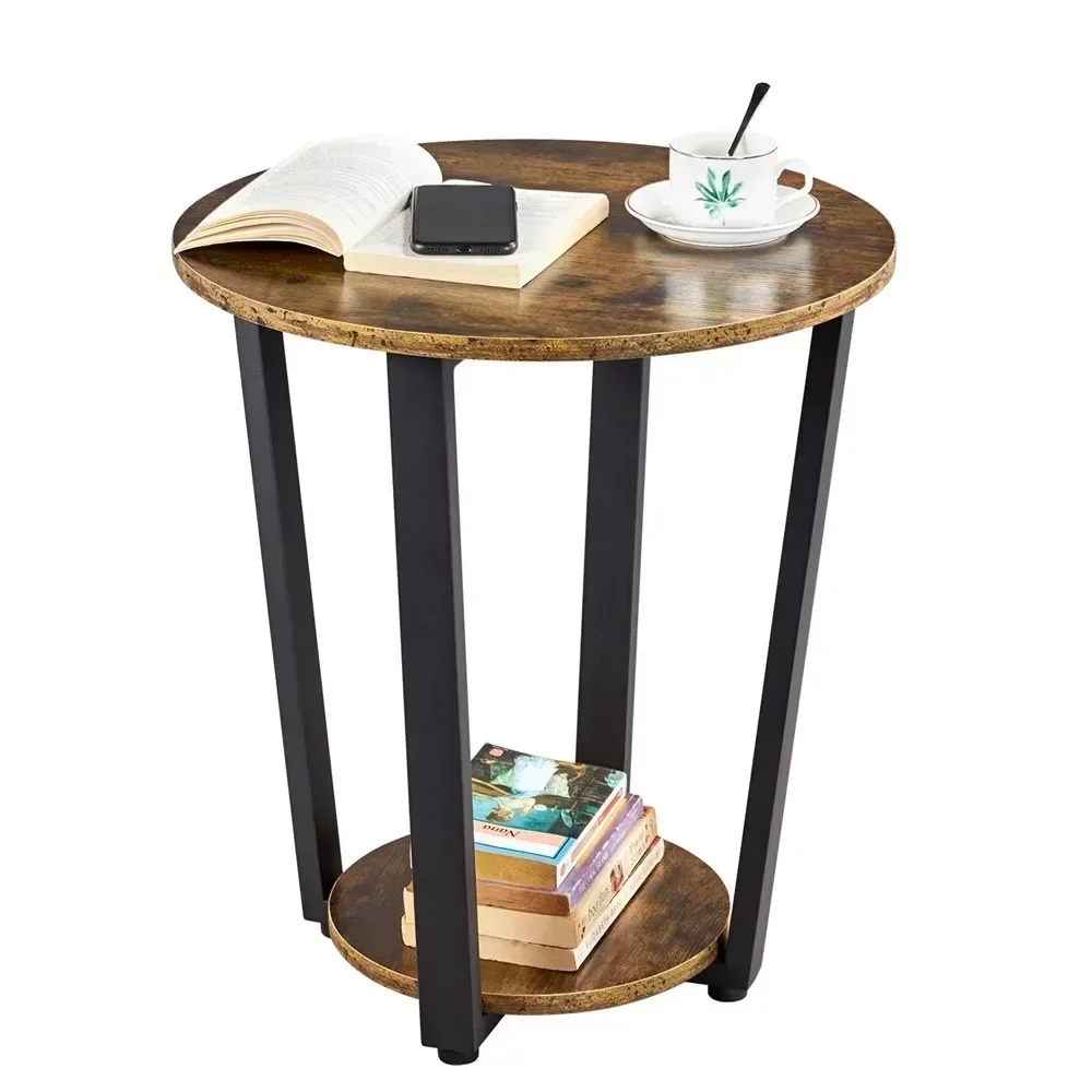 

Metal Side Table Industrial Round End Table with Storage Rack, Brown