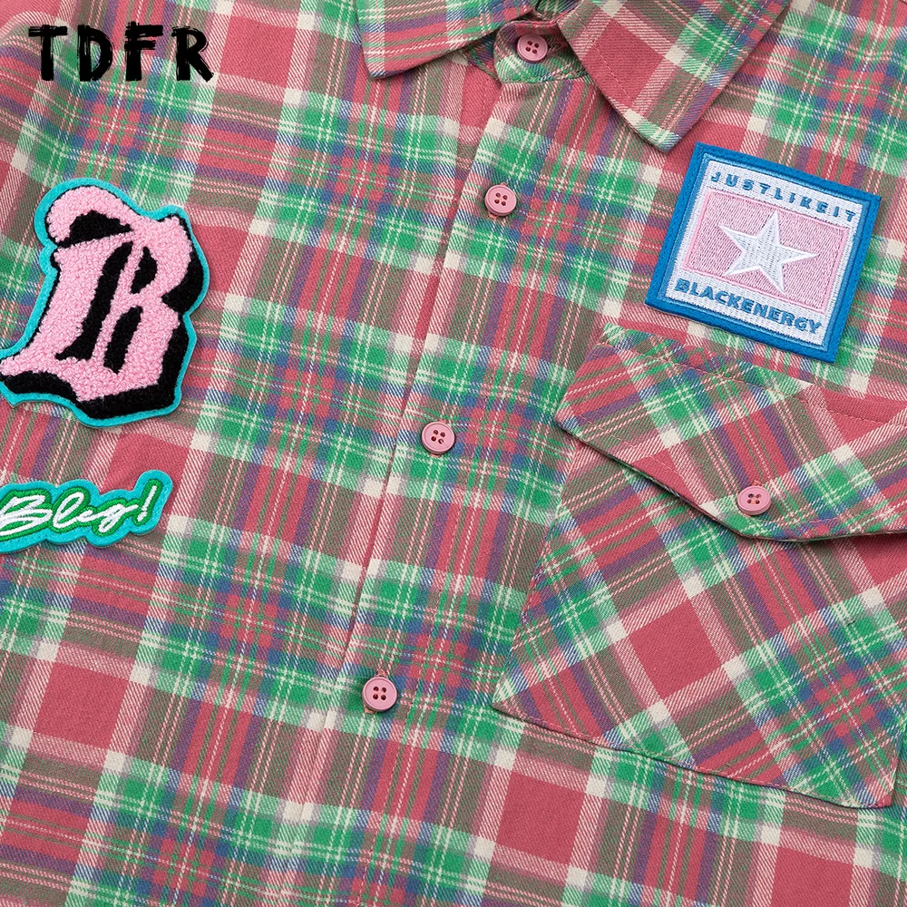 Patch Embroidery Plaid Shirt Mens Retro Casual Loose Pocket Lapel Single Breasted Long Sleeve Shirts Men