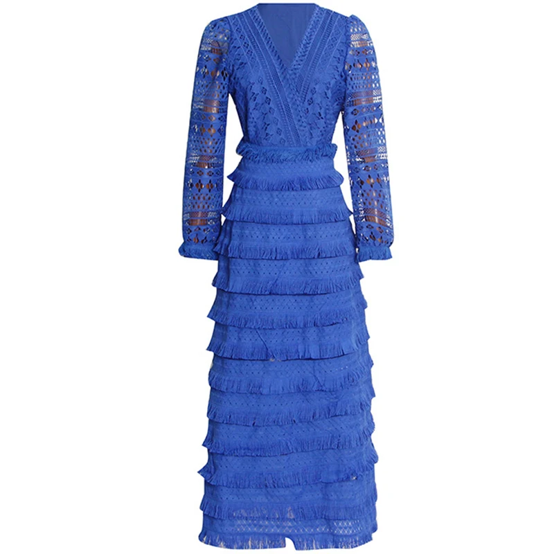 

Women Elegant Layered Maxi Dress Long Sleeve V Neck Hollow Out Tassels Tiered Long Holiday Dress 2023