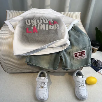 Summer Children Boys Two-piece Suit New Letter Printed Top+loose Elastic Waist Denim Shorts Young Boys Sets Thin Kids Boys Sets 4