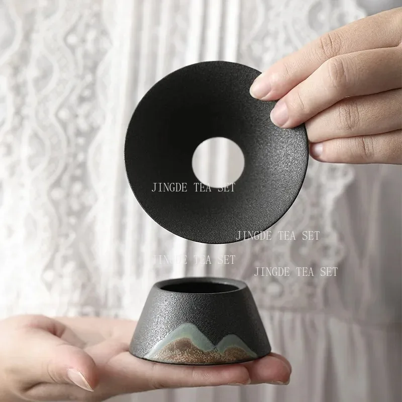 Yuanshan Tea Filter Home Hand Drawn Coarse Pottery Chinese Tea Strainer Black Pottery Kung Fu Tea Set Mesh Filter Group