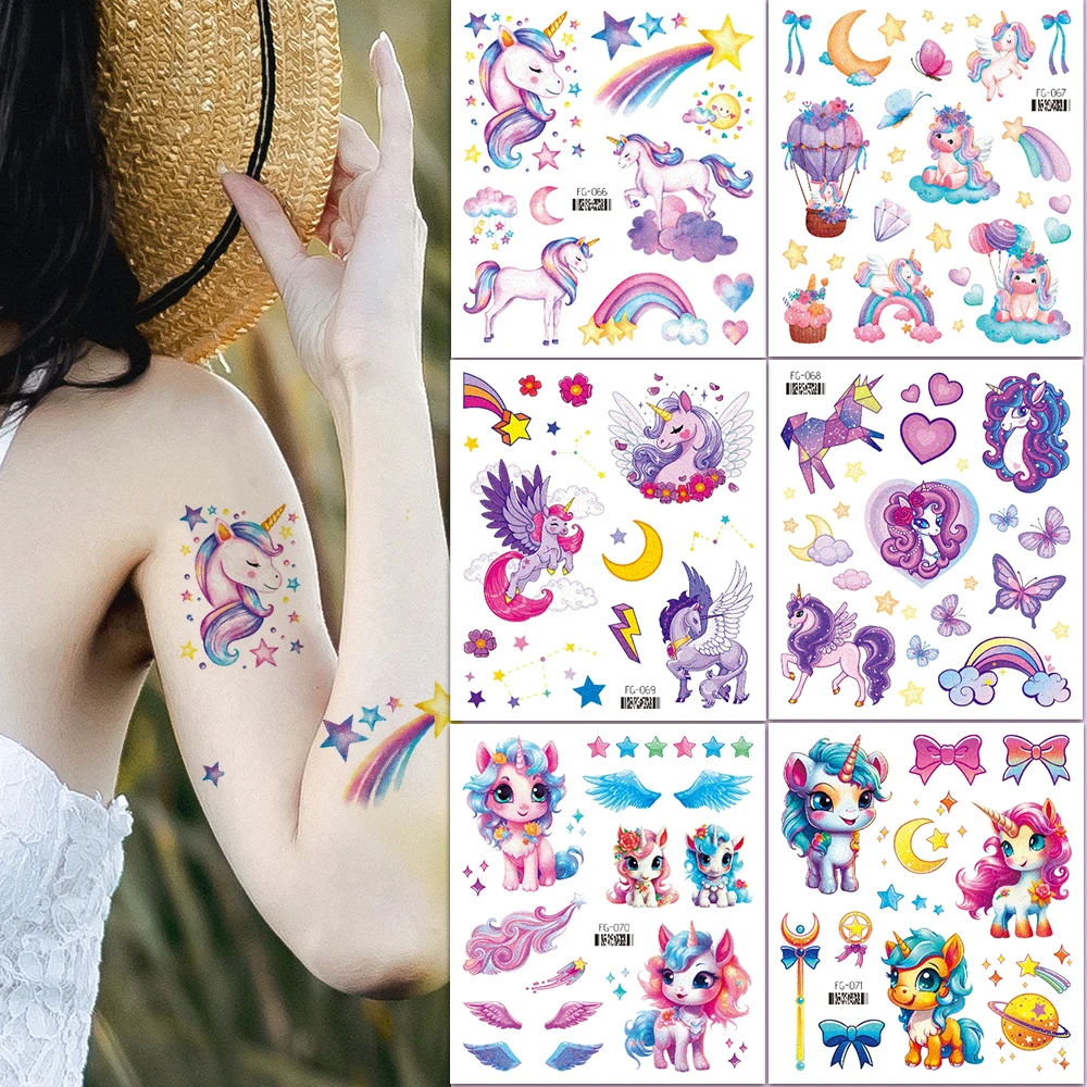 Glitter Unicorn Mermaid Temporary Tattoo Stickers For Kids Cartoon Rainbow Horse Mermaid Tattoos Cute Waterproof Body Art Tattoo