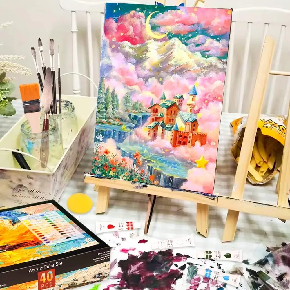 Acrylic Paint Set 56 pcs,Painting Supplies with 24 Acrylic Paint,16 Sheets Pad,Painting Brushes,Canvas,Palette,Easel Kit