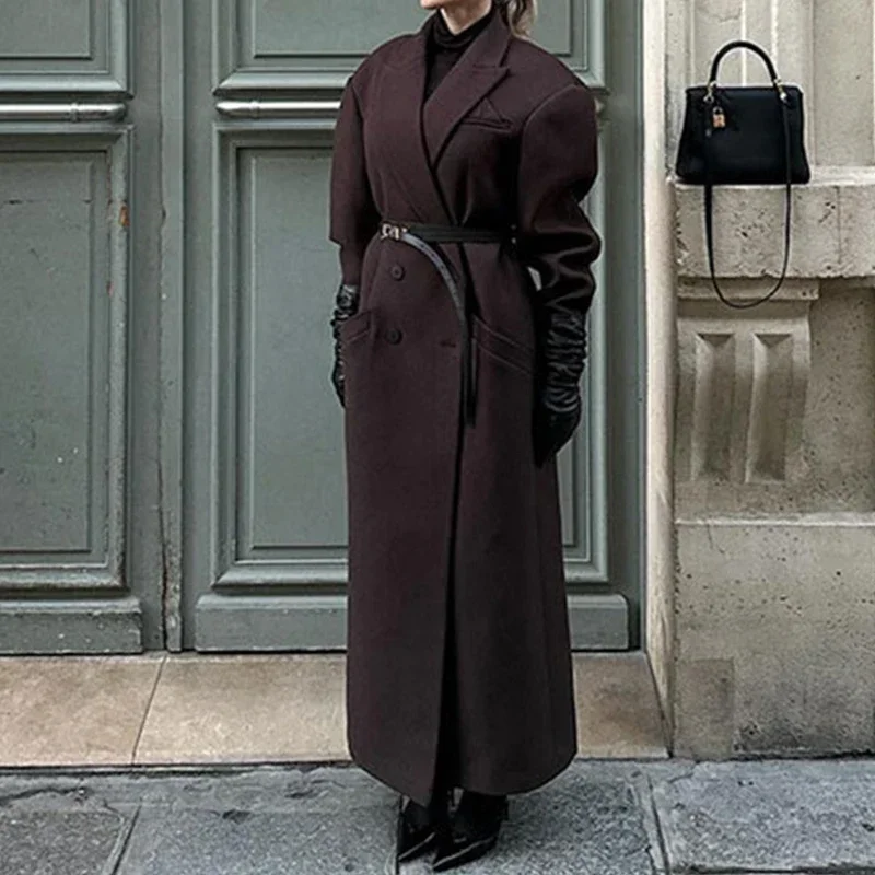 Elegant Lapel Pocket Woolen Long Trench Coat Women Fashion Full Sleeve Loose Overcoat Autumn Winter Lady Commute Outwear