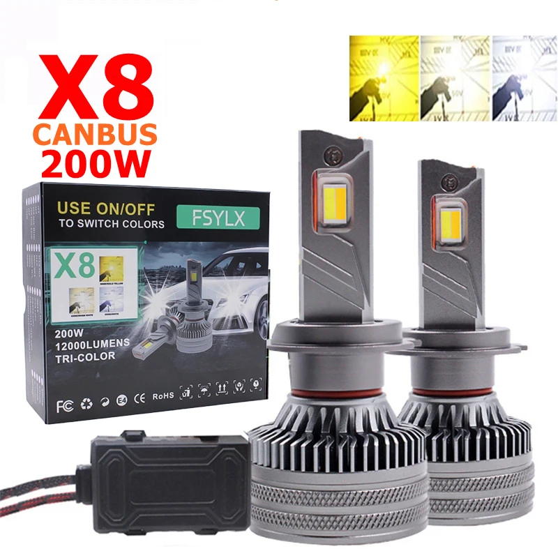 X8ไฟหน้า LED 3สีสำหรับรถยนต์ H11 H1 H7 LED 9006ตัดหมอกไฟหน้าไฟ LED รถยนต์9012 HB3 1