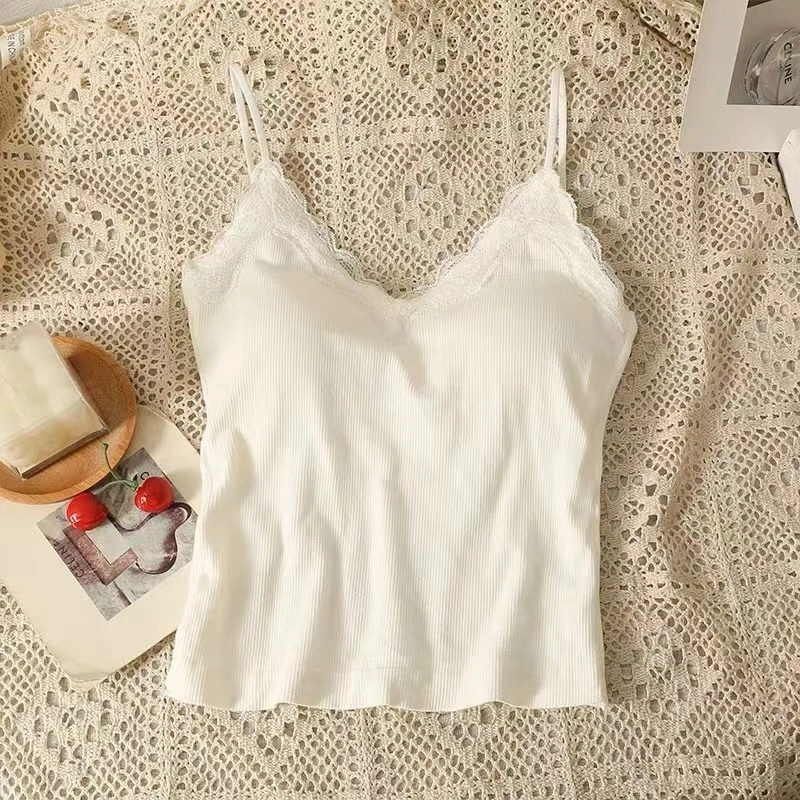 Women Sleeveless Tank Tops Solid Color Korean Version V Neck Slim Fashion Lace Stitching With Chest Pad Camisole 6