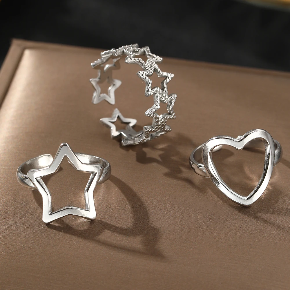 Stainless Steel Rings Love Heart Shiny Star Delicate Pattern Rings For Women Jewelry for Friends Party Gift Adjustable Opening 6
