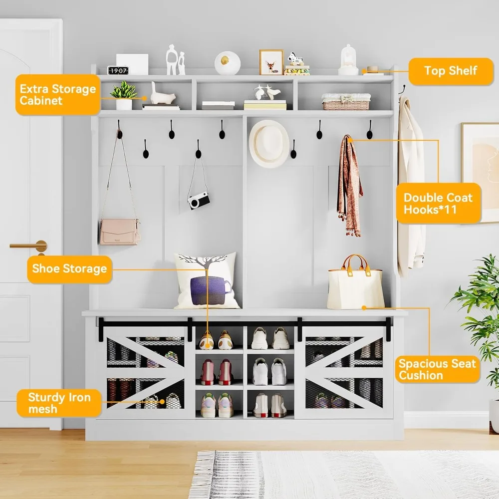 59" wide hall tree with shoe storage, farmhouse entryway bench with coat rack, 16 shoe cubbies with adjustable shelves & 12 coa