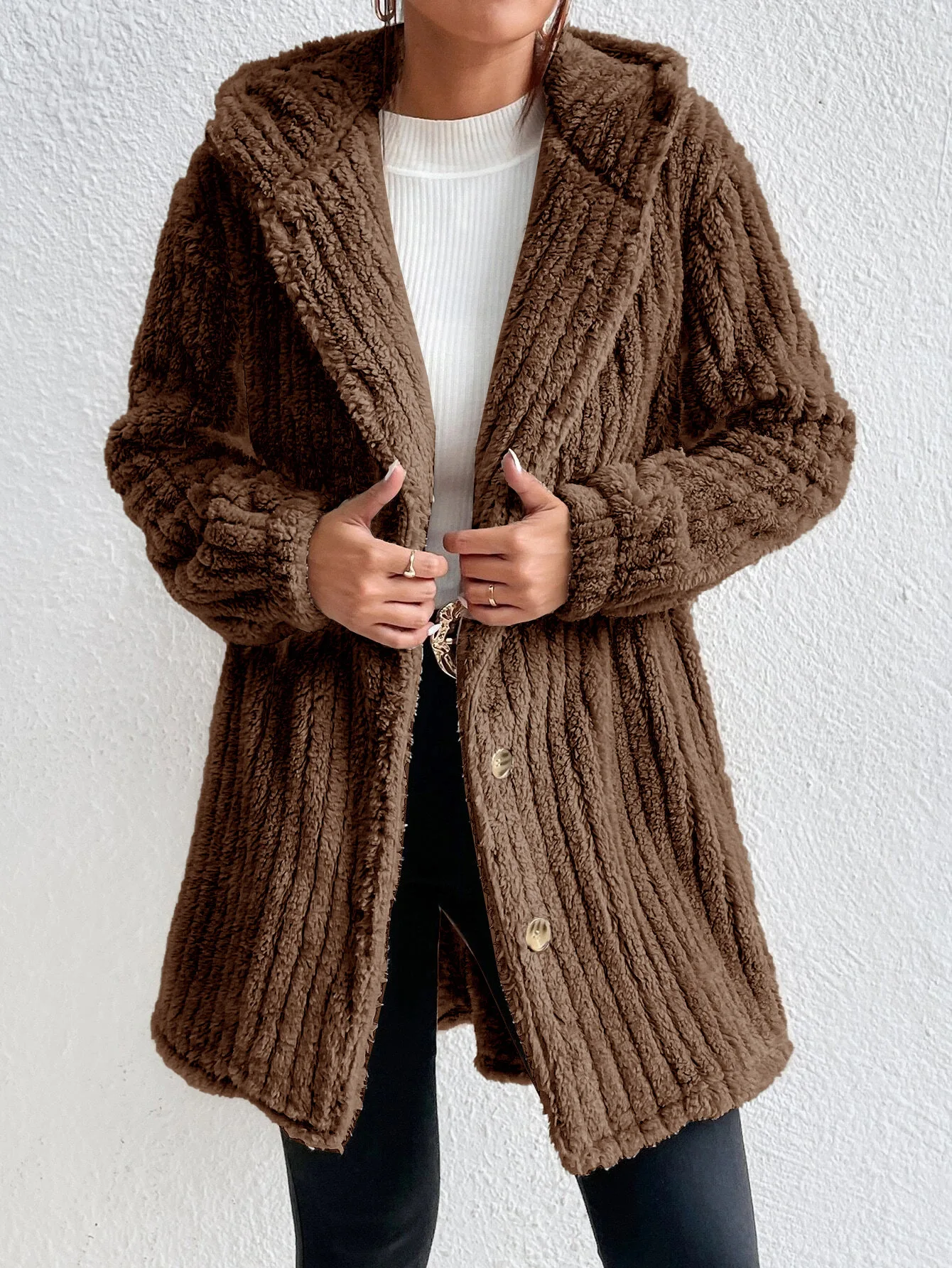 Women Coat New Rabbit Plush Hooded Cardigan Waisted Long Jacket