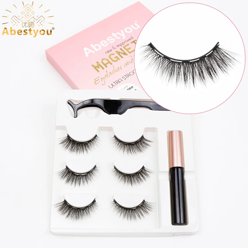 Abestyou Micro 5 Magnets Natural Long 3pairs False Mink Magnetic Lashes With Eyeliner Tweezers Eyelashes Holder Makeup Kits fake eyelashes