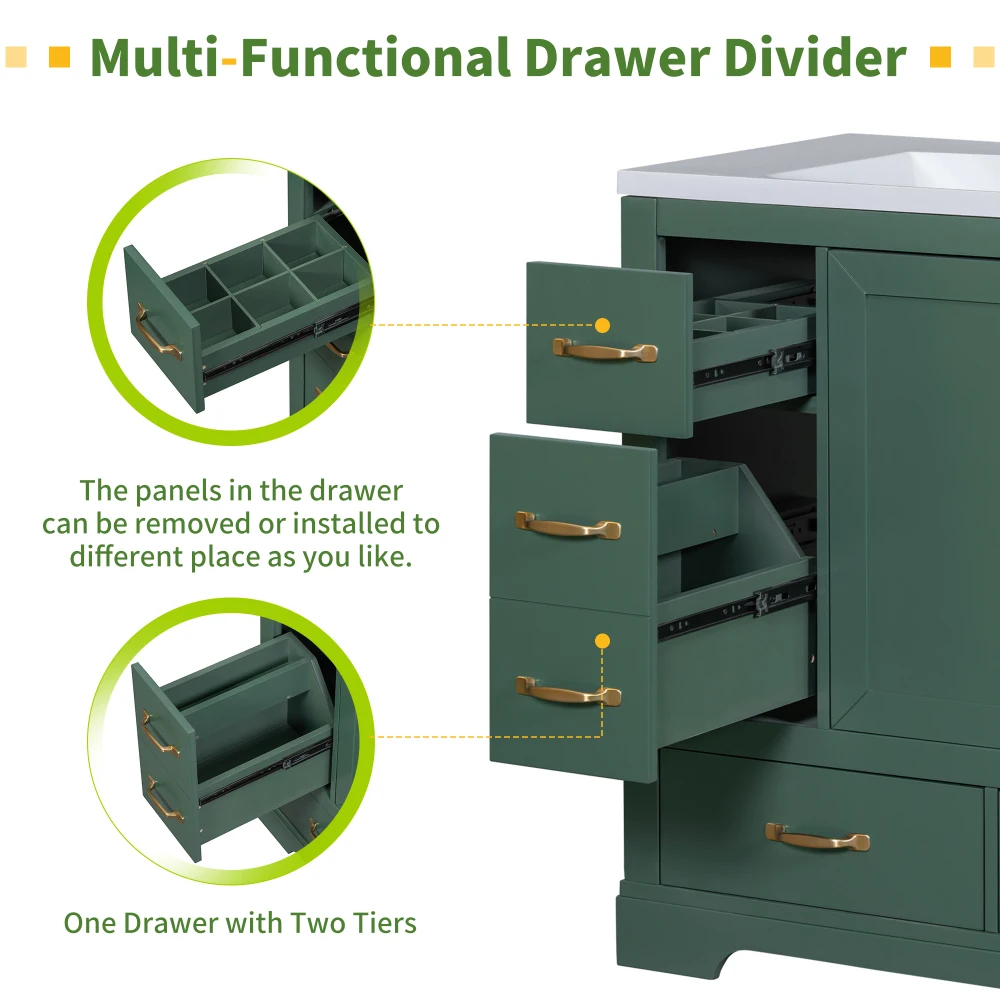 36" Bathroom Vanity Without Sink, Cabinet Base Only, Six Drawers, Multi-Functional Drawer Divider, Adjustable Shelf, Green 4