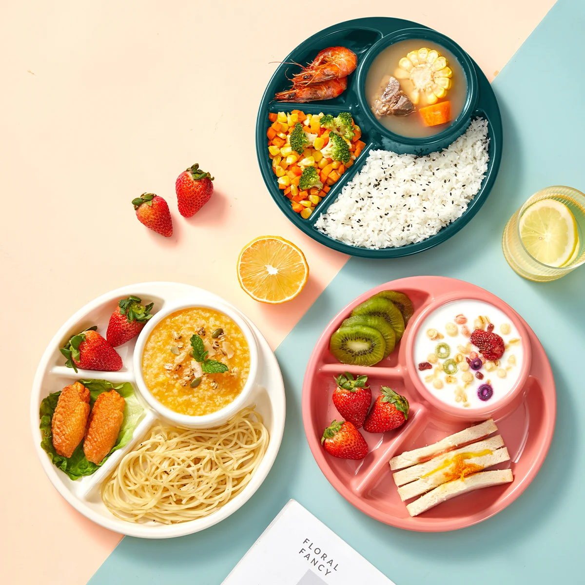 WORTHBUY Round Salad Plate Dishes Reusable Divided Dinner Plate With Fork Spoon Student Kid Food Plate Dishwasher&Microwave Safe WORTHBUY Round Salad Plate Dishes Reusable Divided Dinner Plate With Fork Spoon Student Kid Food Plate Dishwasher&Microwave Safe