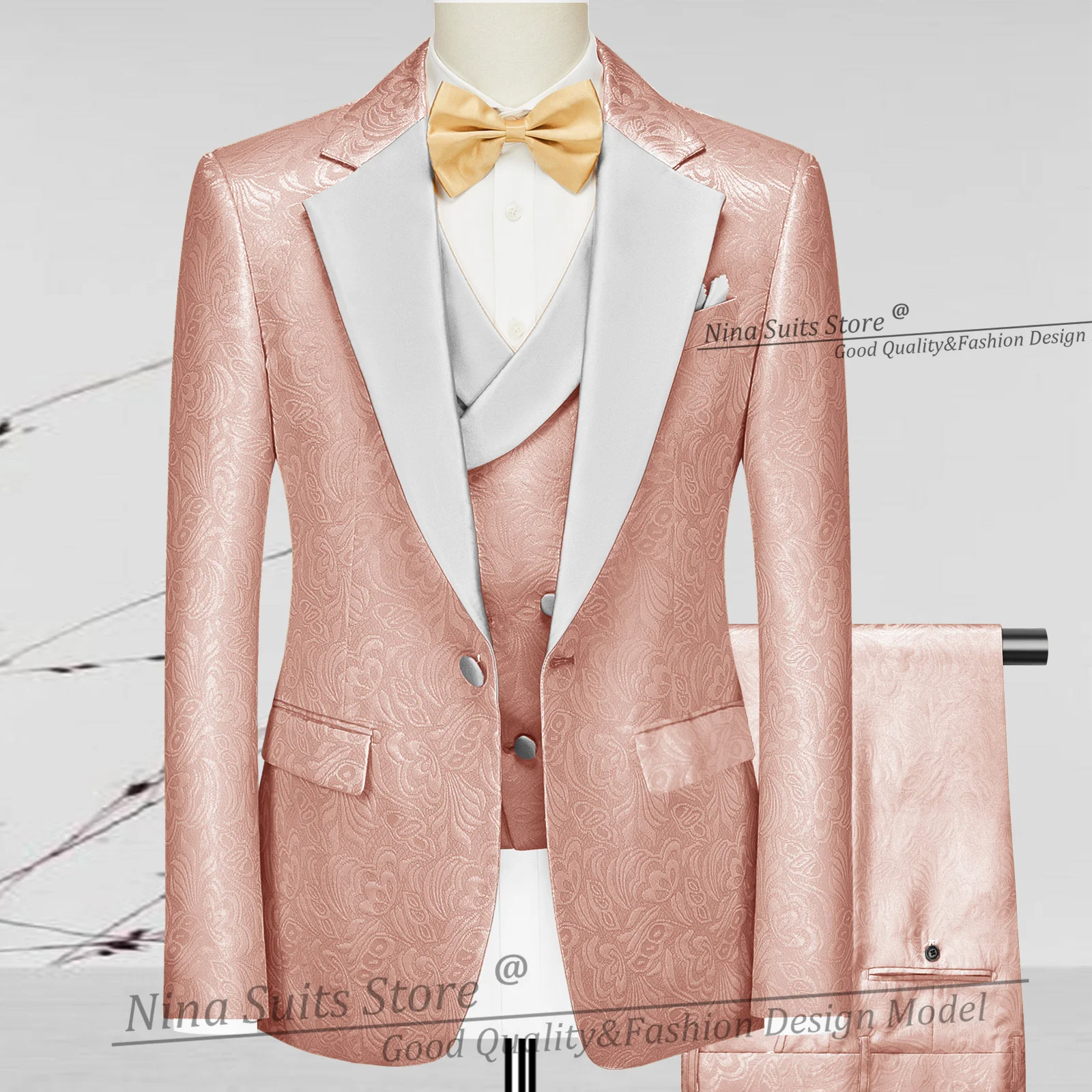 G&N Colorful Jacqaurd Costume for Men 3 Piece Set Sky Blue Paisley Blazer Trousers Waistcoat Groom Party Tuxedo White Lapel