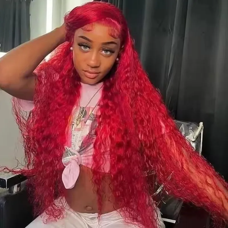 13x4 Red Curly Water Deep Wave Lace Frontal Wigs Human Hair 200% Density 13x6 Red Lace Front Human Hair Wig For Women 30 40 Inch 4