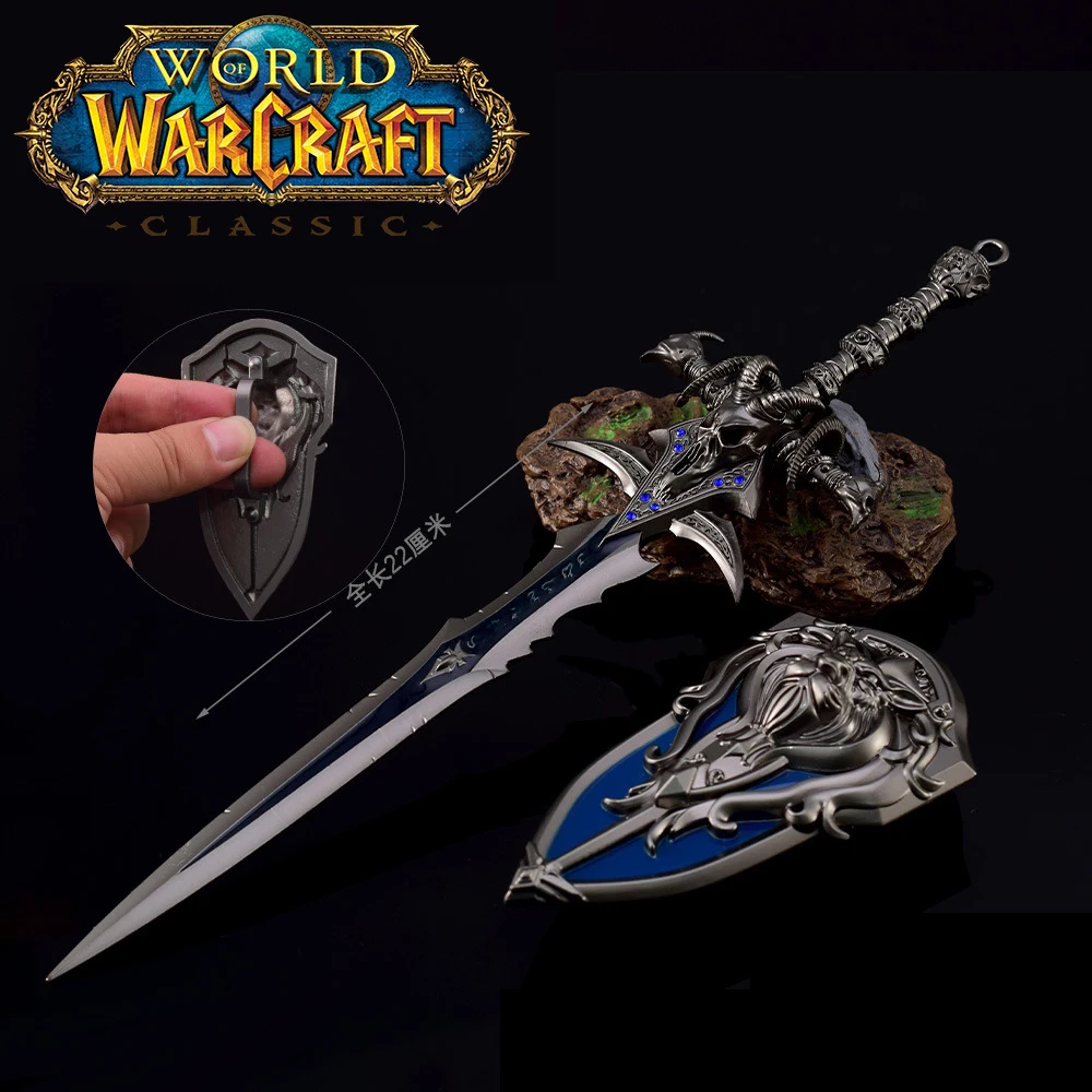 

World of Warcraft Weapon 22cm Frostmourne with Blue Decorative Diamond with Sheild 2pcs Metal Katana Model Swords Safety Toys
