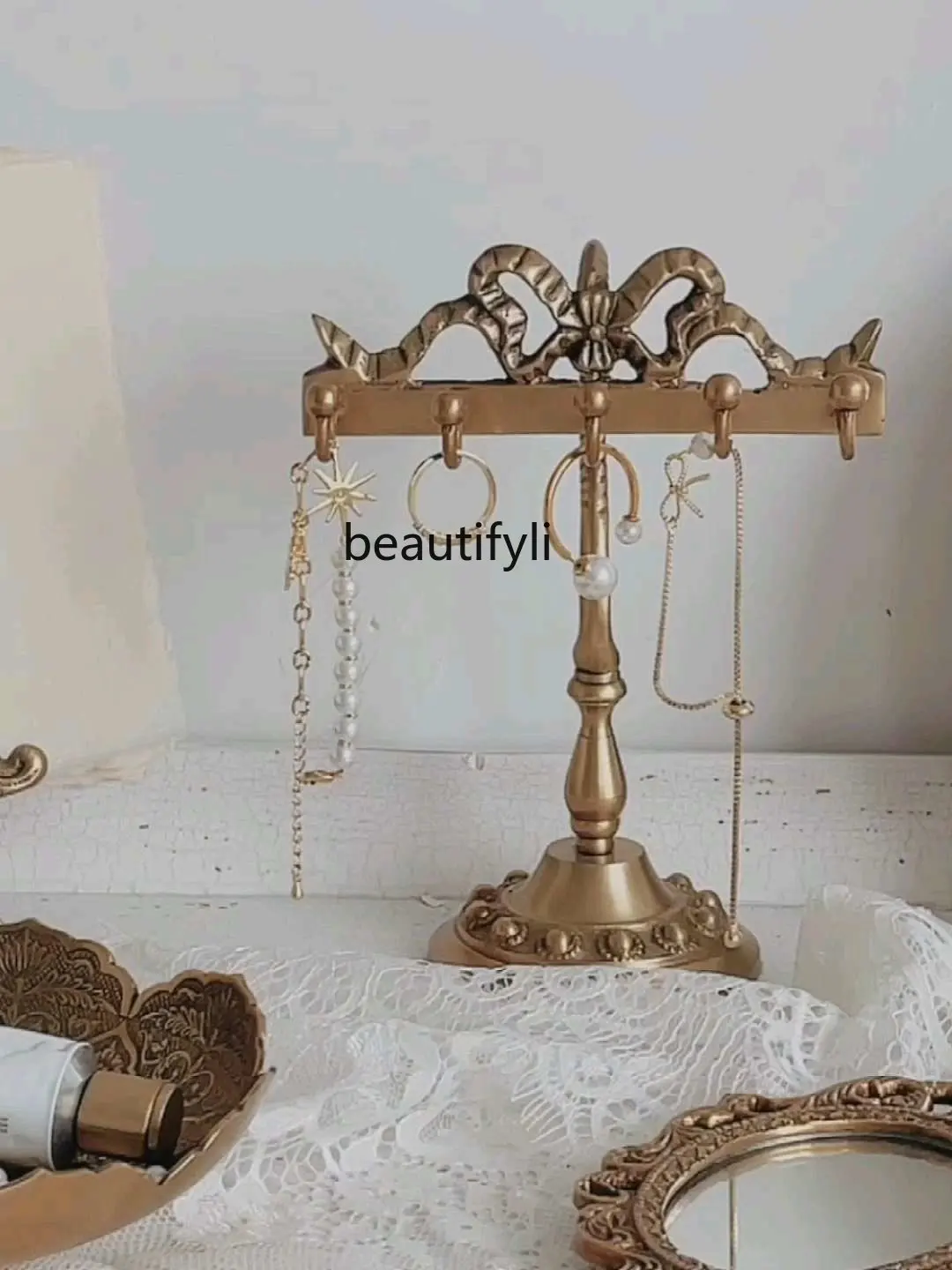 

zq Brass Decoration Jewelry Display Stand Retro Domestic Earring Rack Desktop Gold Necklace Stand Hanging