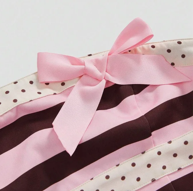 Gestreiftes, gepunktetes, trägerloses Top für Mädchen mit Taillenbetonung, Sommer-Damen-Top mit Schleife und Wickeloptik, eng anliegendes, tailliertes Kurztop – Detail 3