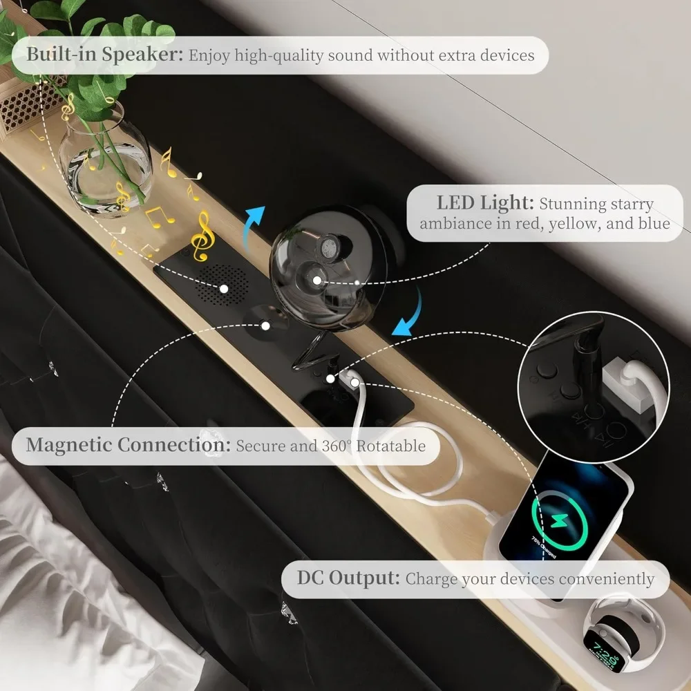 Queen LED Upholstered Bed Frame with Charging Station 4