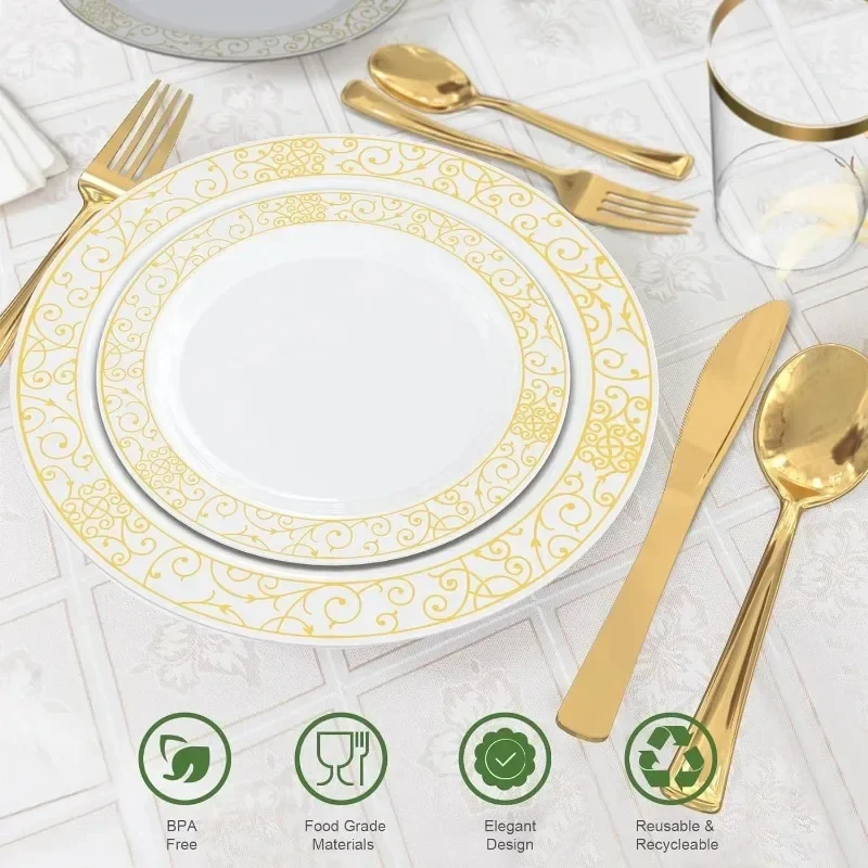 150 Pieces Disposable Plates Plastic Dinnerware Set for 25 Guests: Dinner Plates, Dessert Plates, Forks, Spoons, Knives, Cups