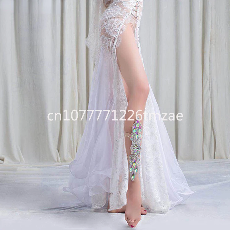 

(Bra Dress Panties) Stones Lace Long Dress Racing Suit White, Women's Stage Belly Dance Clothes 3 Pieces