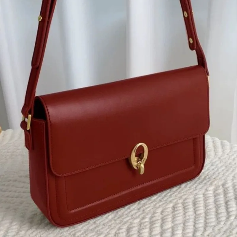 Retro Red Lock Handbag Women Square Stitch Leather Large Capacity Shoulder Bag Ladies Elegant  Luxury Design Underarm Bag 2025