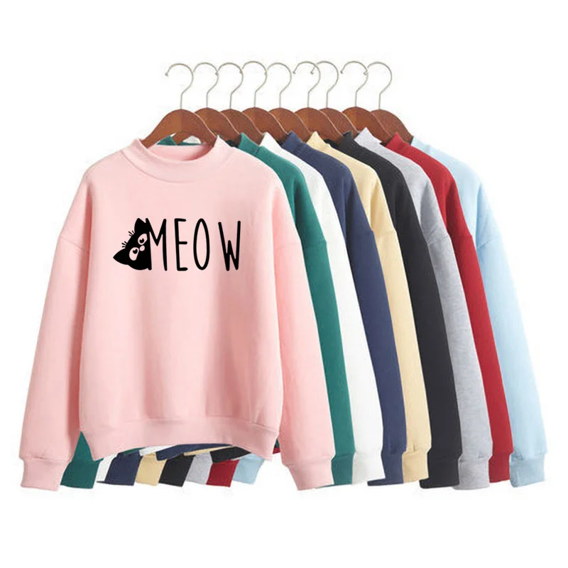 

Cat Meow Print Woman Sweatshirts Sweet Korean O-neck Knitted Pullovers Autumn Winter Candy Color Loose Women Clothing