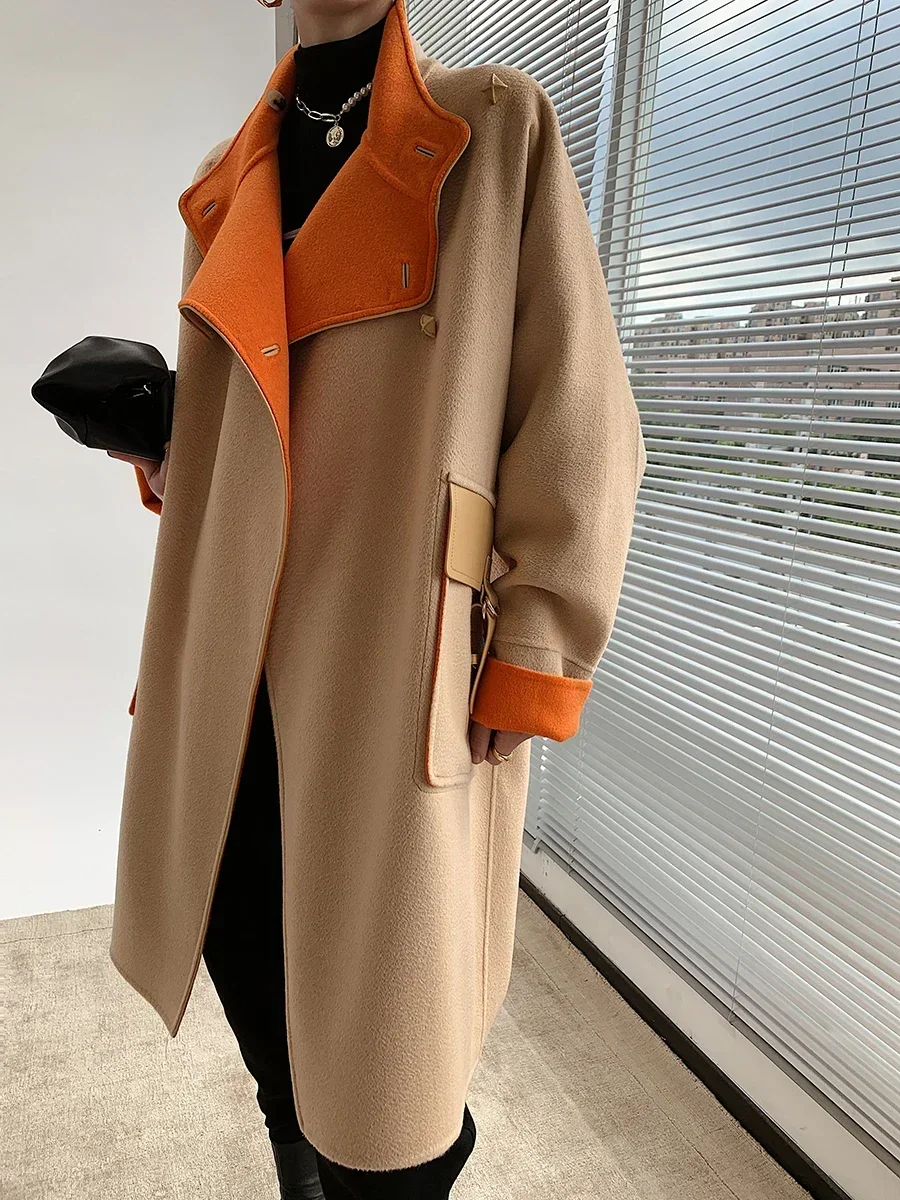 

2023 New Autumn and Winter Double-sided Wool Coat Women's Woolen Coat Catwalk Style Cloak Water Ripple Jacket 100% Cashmere Coat