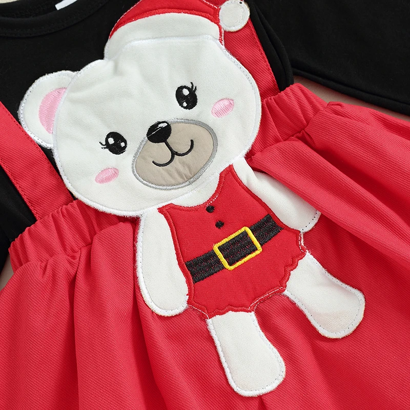 

Infant Baby Girls Christmas Romper Dress Bear Embroidery Long Sleeve Round Neck Jumpsuit with Bow Headband
