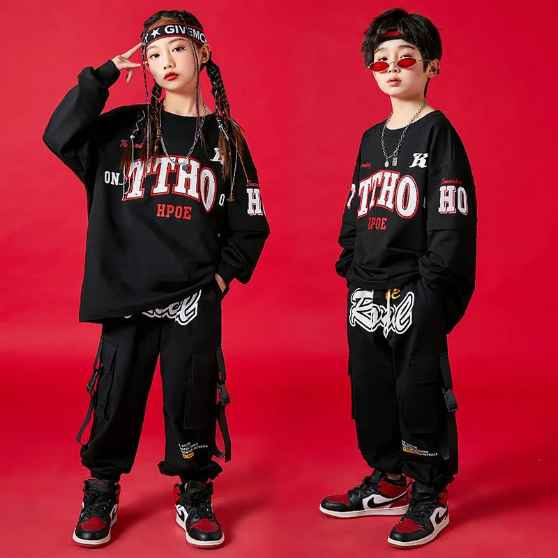 Boy Hip Hop Black Sweatshirt Cargo Pants Clothes Sets Girls Long Sleeve Top Joggers Child Street Dance Kids Streetwear Costume