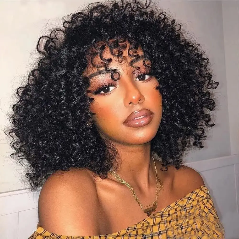 

Glueless Wigs Human Hair Short Kinky Curly Wigs with Bangs 180%Density Machine Made Scalp Top Brazilian Remy Hair Wig For Women