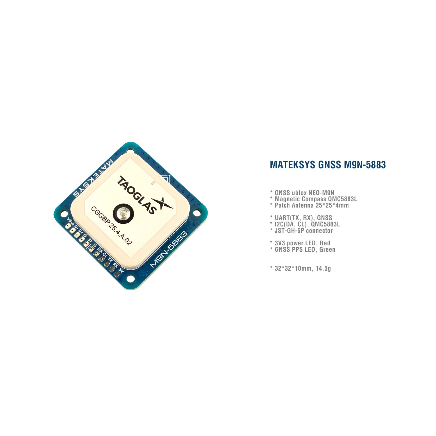Module GNSS M9N-5883 avec boussole QMC5883L incliné, montrant les ports et le chipset GPS.