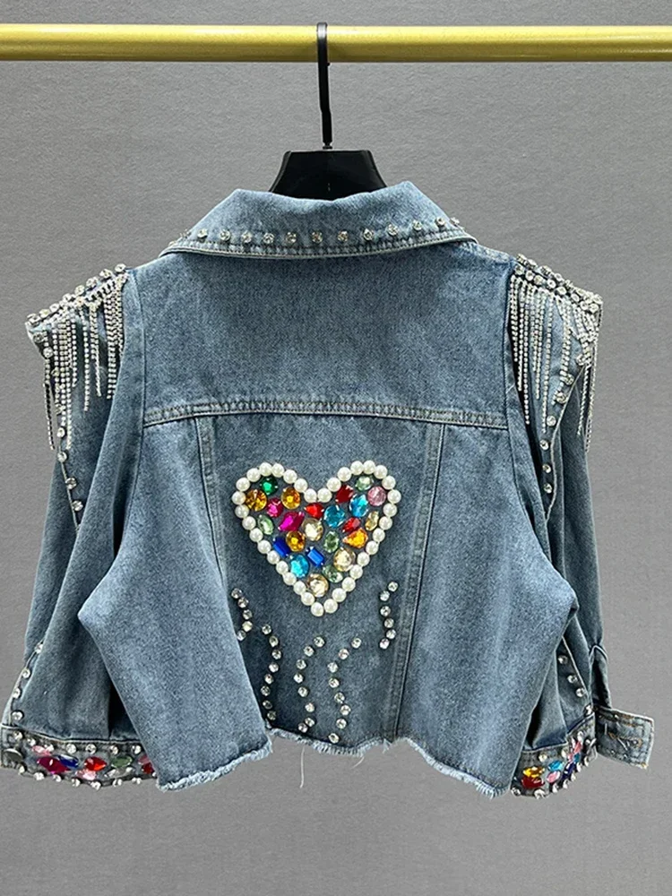 Tassel Rivet Colorful Diamond Denim Jacket Fashion Women Long Sleeve Streetwear Outwears Jackets Coat 2024 New Summer New  Top
