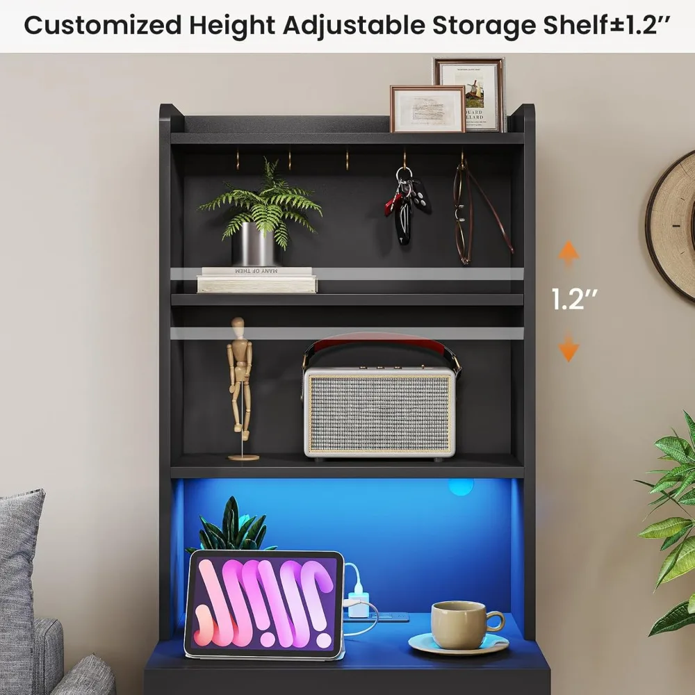 Tall Nightstand Set of 2 with Charging Station and LED Lights,Black Night Stand Set 2 with Bookshelf,Modern LED Bedside Tables 6