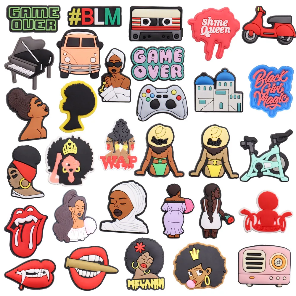 

Single Sale 1pcs PVC Game Over Queen Piano Black Lives Matter Shoe Charms Croc Jibz Buckle Fit Wristbands Backpack Decorations