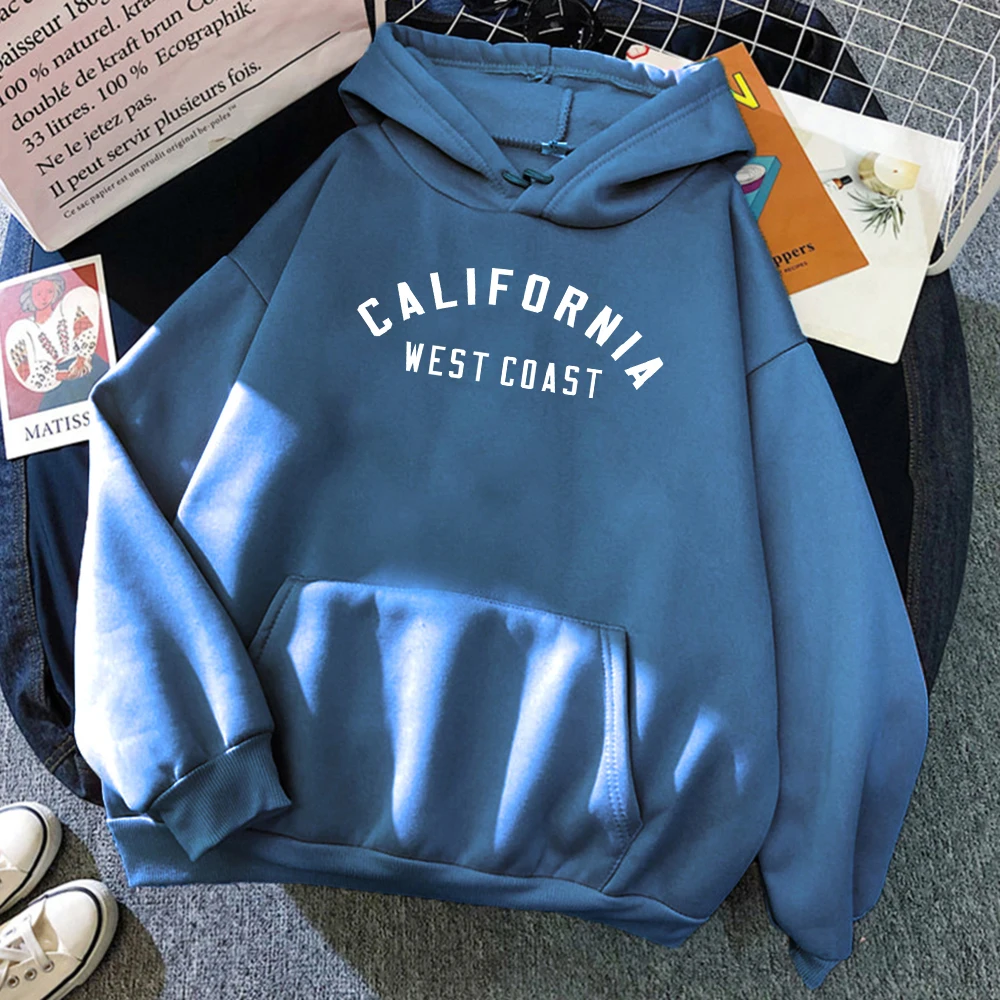 Women's California West Coast loose hoodie with creative pattern and fleece lining -blue