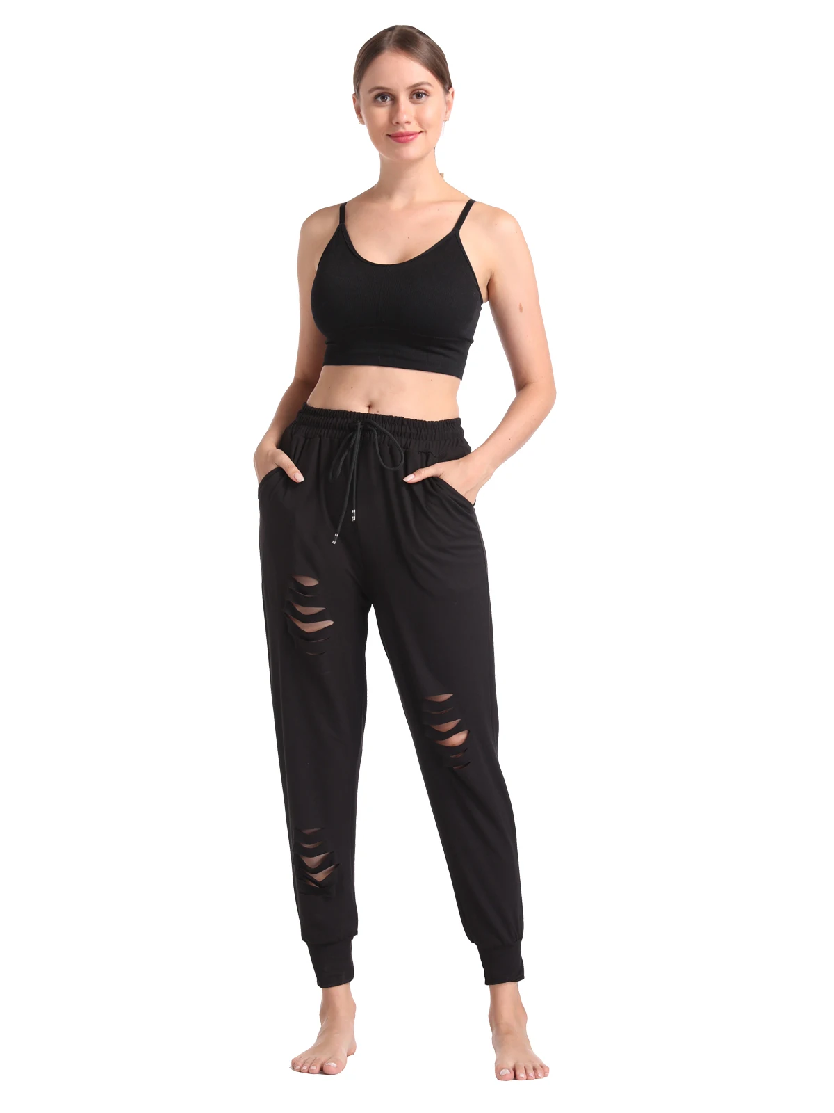 Ladies Elastic Waist Fashionable Ripped Pants Casual Versatile Streetwear Long Pants for Women Ropa Mujer Sweatpants YT91018-1