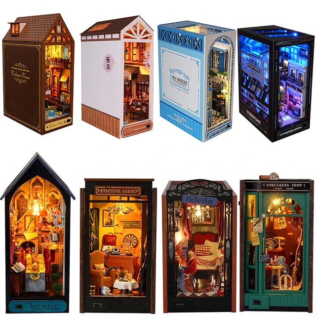 DIY Wooden Book Nook Miniatures Shelf Insert Dollhouse Building Bookshelf Bookend Home Decoration Doll Houses Toys For Xmas Gift