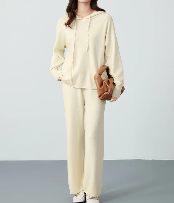 

Fashion Autumn Hooded Female Knitted Two Pieces Suits Solid Sweater Top+ Wide Leg Long Pants Sets Women Loose Sweater Suits Y827