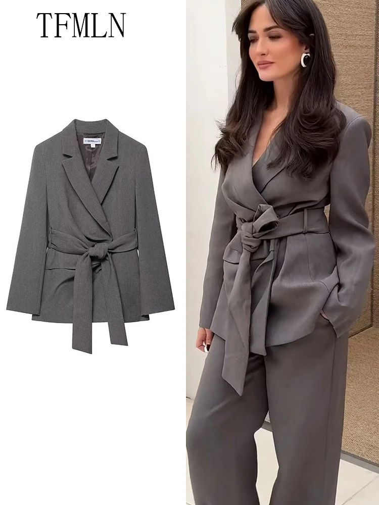 New 2025 Autumn Women Blazer Coats With Belt Fashion Notched Long Sleeve Chic Causal Jackets Office Lady Solid Outwear Tops